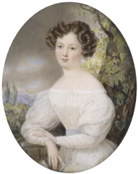 Portrait of a Young Woman in a White Dress, Sitting in a Landscape